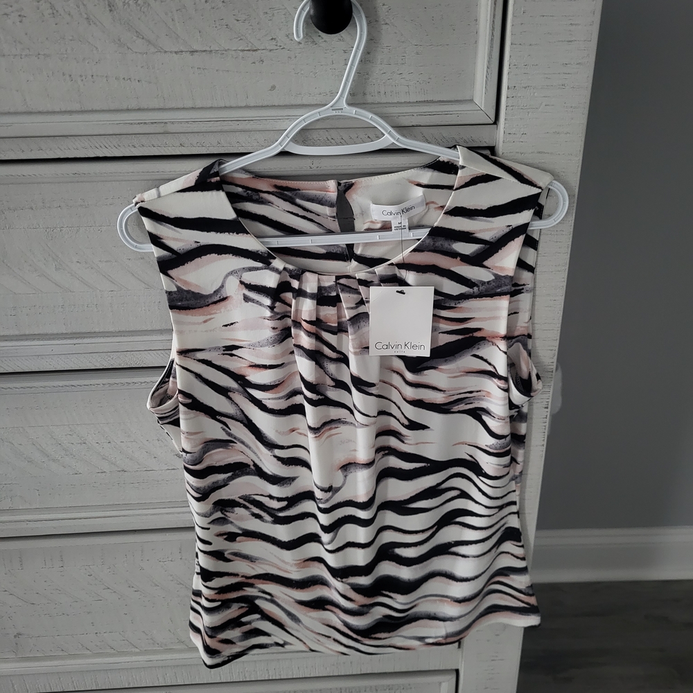Calvin Klein Black and White Sleeveless Tie Front Blouse